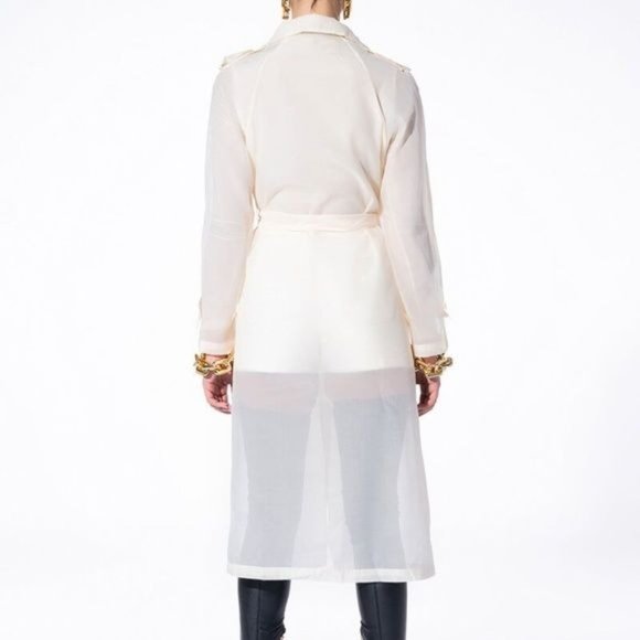 Callie Long Chiffon: Sheer Mesh Sash Trench Duster Jacket M L - Picture 3 of 11